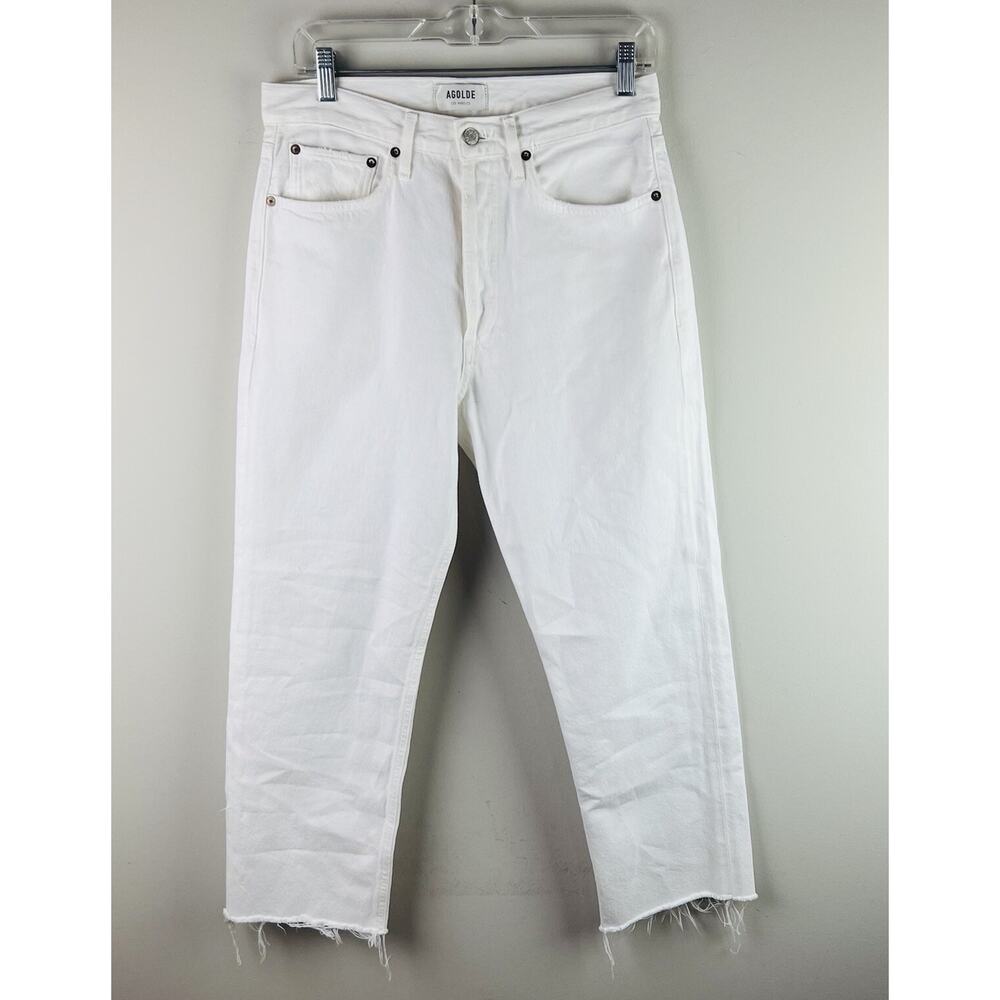 AGOLDE Crop High-Rise Straight Jeans Women’s Sz 27 White Frayed Hem (30x25)